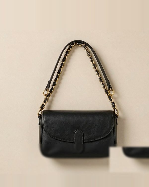 Black Calfskin Flap Shoulder Bag