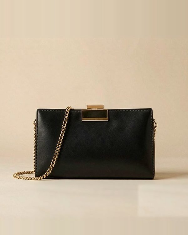 Black Leather Evening Clutch Gold Clasp