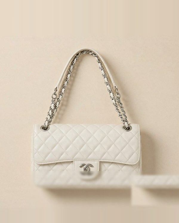 White Quilted Caviar Double Flap Bag